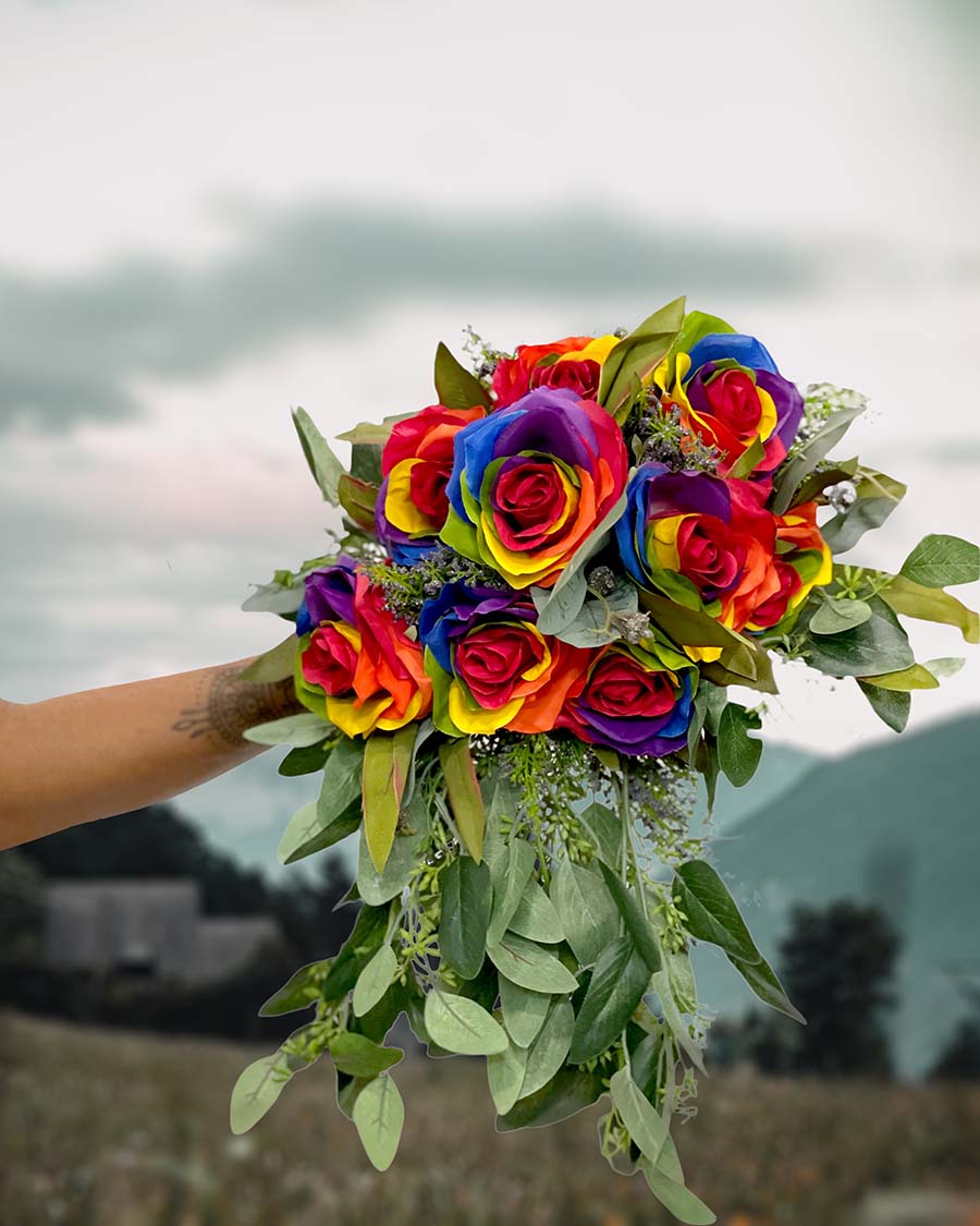 Multicolored silk flower roses for the pride bride