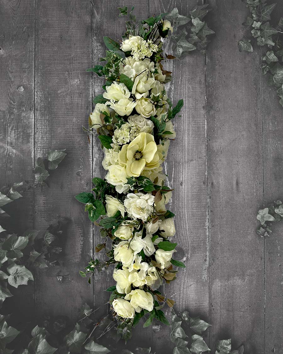 White silk flower table spray for weddings