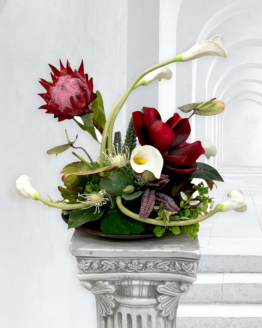 silk tulips and roses in an eclectic arrangement